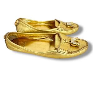 Tory Burch shoes 7.5 Lawrence driving loafers flat gold metallic leather tassels